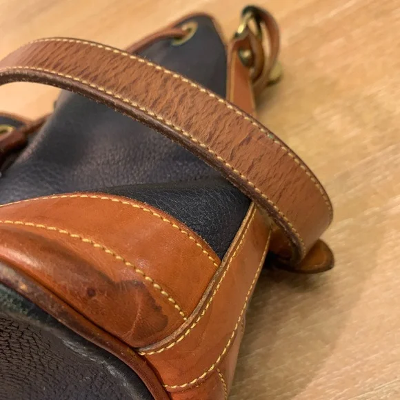 Dooney & Bourke Dark Blue and Brown Leather Draw String Bag - Picture 9 of 13